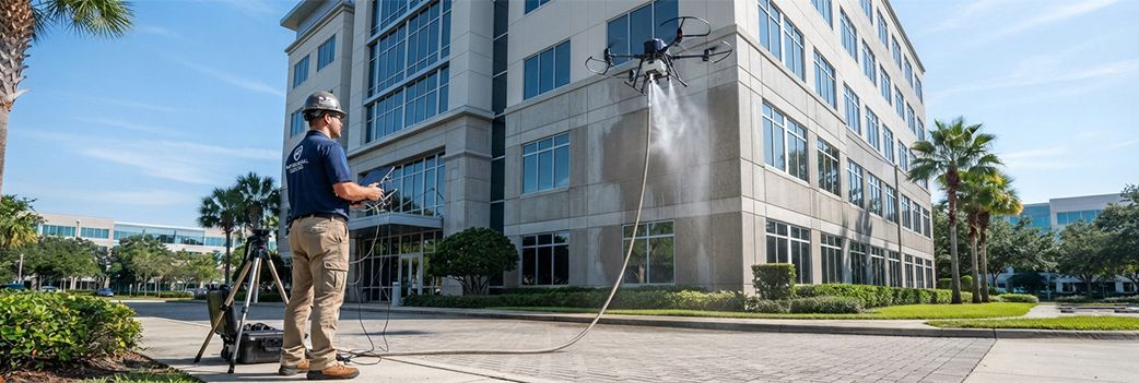 FAA Part 107 certified Bold City Drone Wash operator on the ground monitoring drone pressure washing of a commercial building exterior in Jacksonville FL.