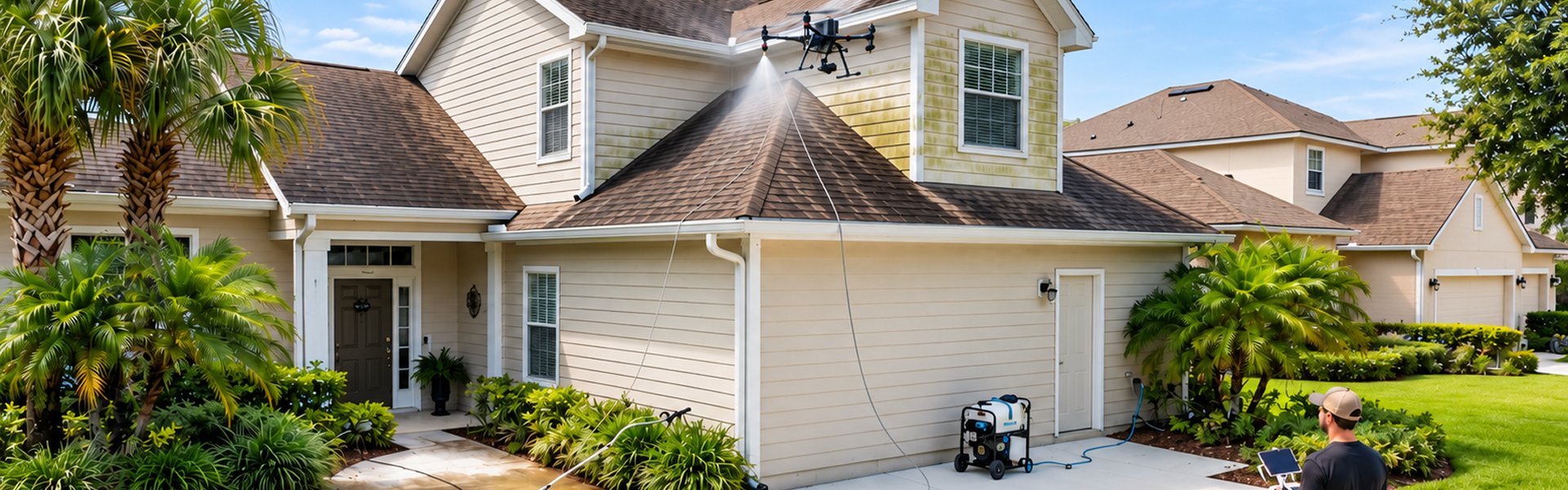 A Jacksonville home exterior being cleaned by a drone, showing siding, roofline, and driveway surfa