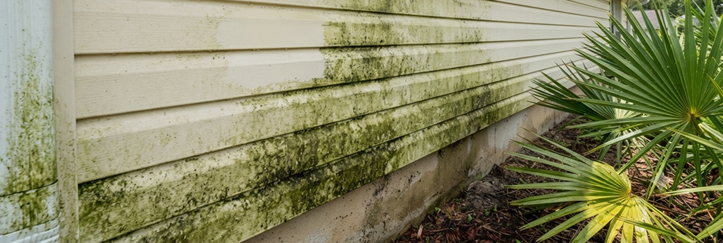  Green algae staining on the siding of a Jacksonville home, showing the type of buildup that accumulates in Florida's humid climate between cleaning cycles.
