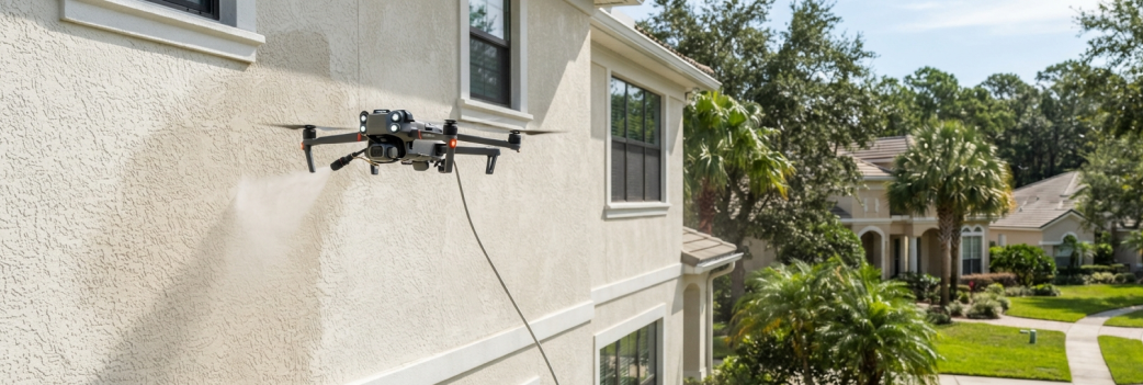 Close-up of a drone applying soft wash to a stucco exterior on a Jacksonville property showing even, controlled coverage