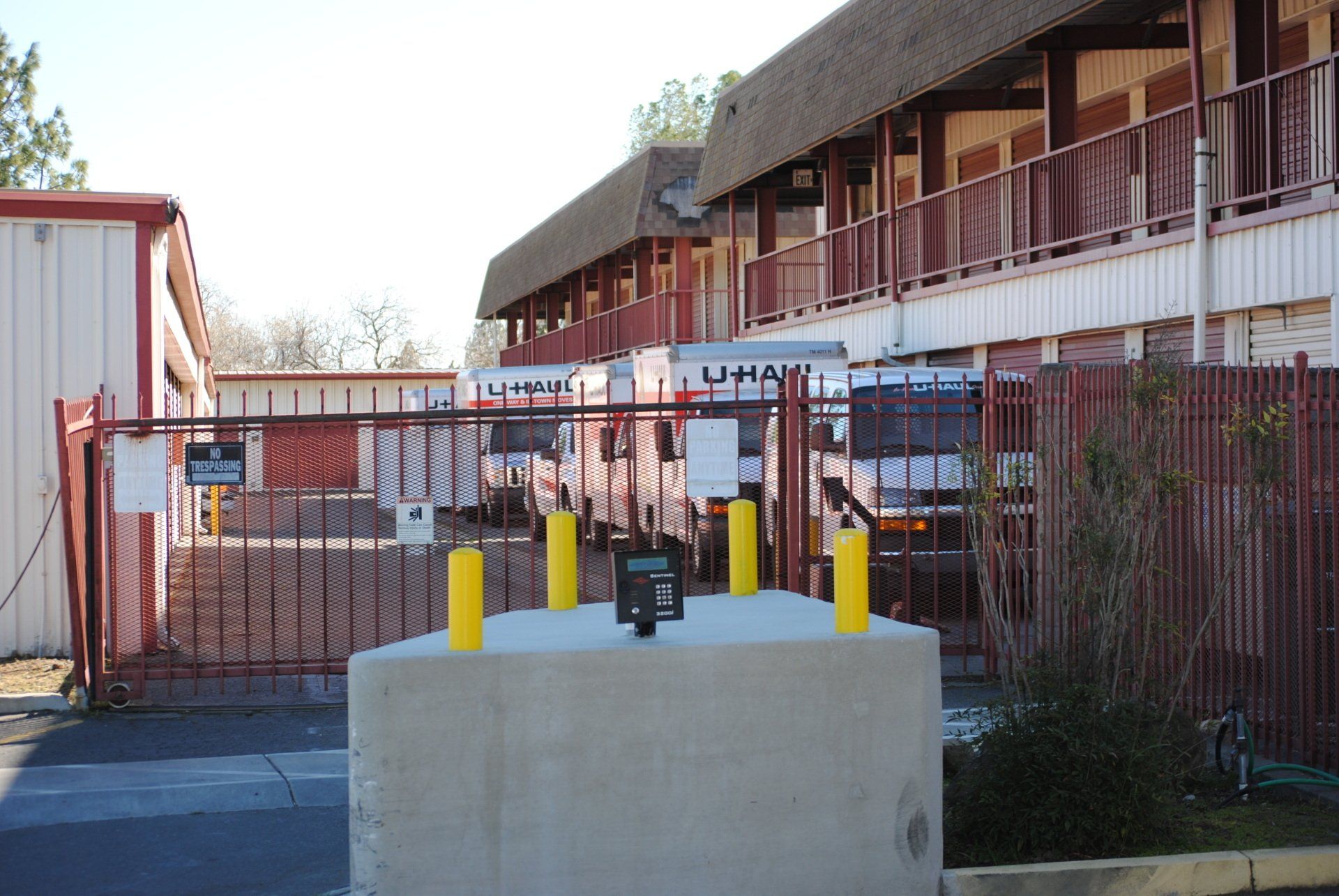 Stonegate Self Storage units behind gate with keypad for property entry by code.y.