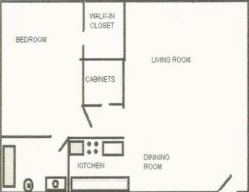 Kings & Queens Apartments approximate floor plan B - one bedroom one bathroom.