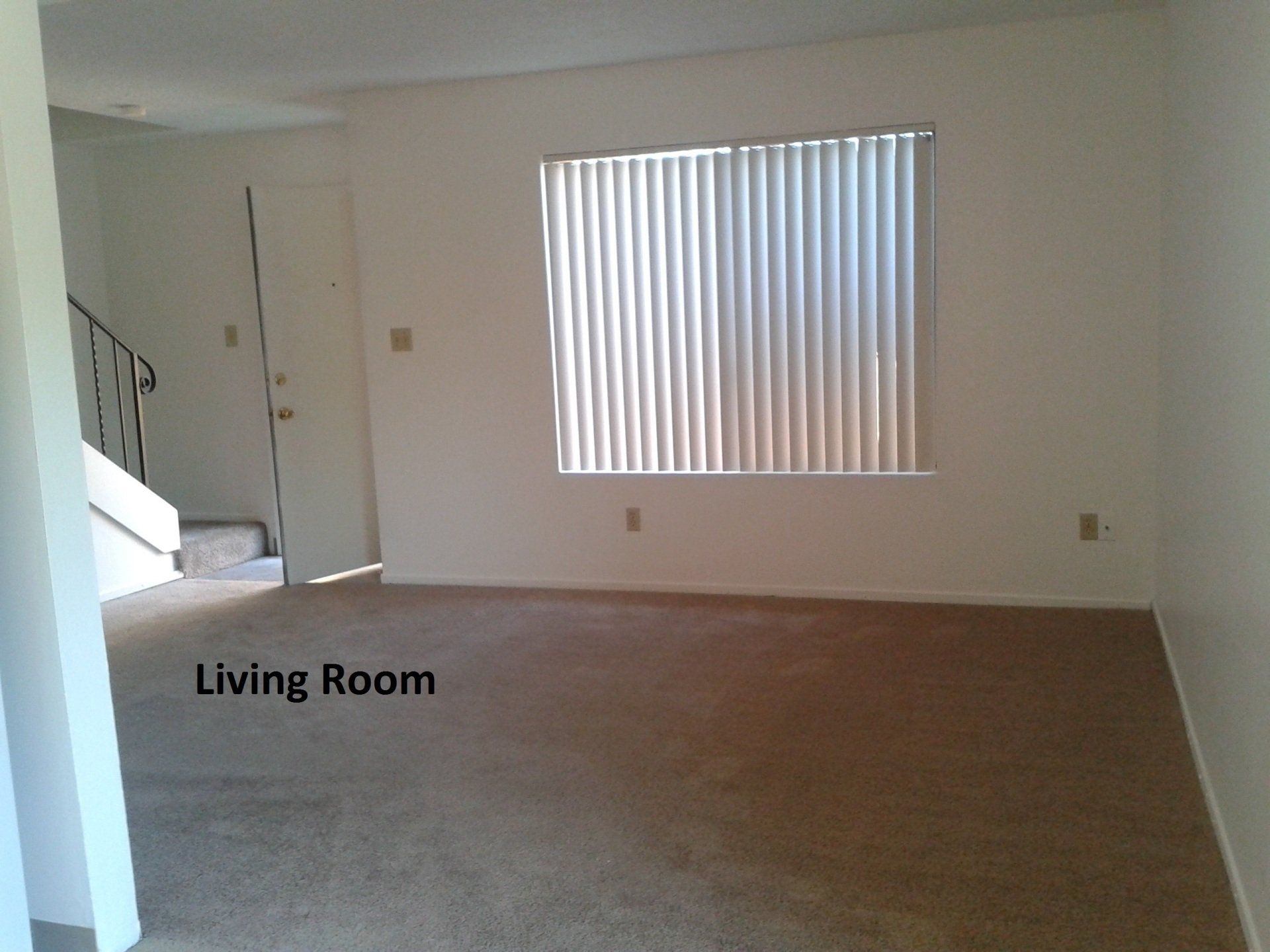 Living room with beige carpet and window