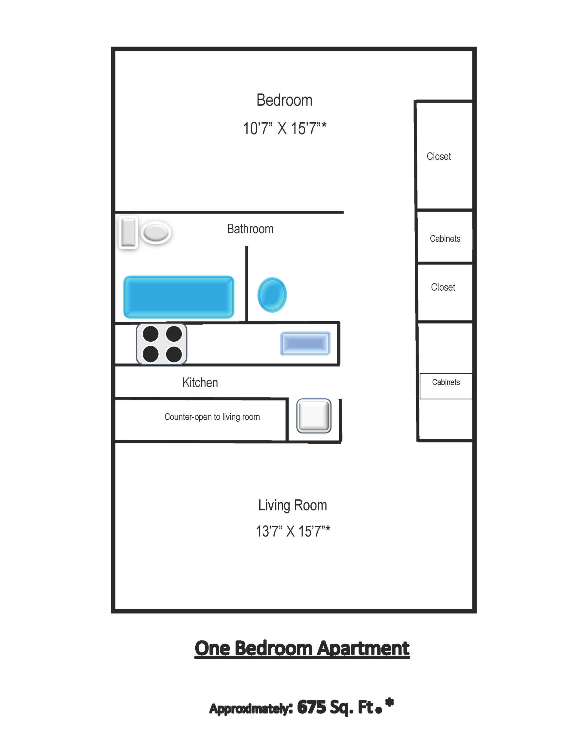 Parque Plaza Apartments approximate floor plan - One Bedroom Apartment 675 square feet