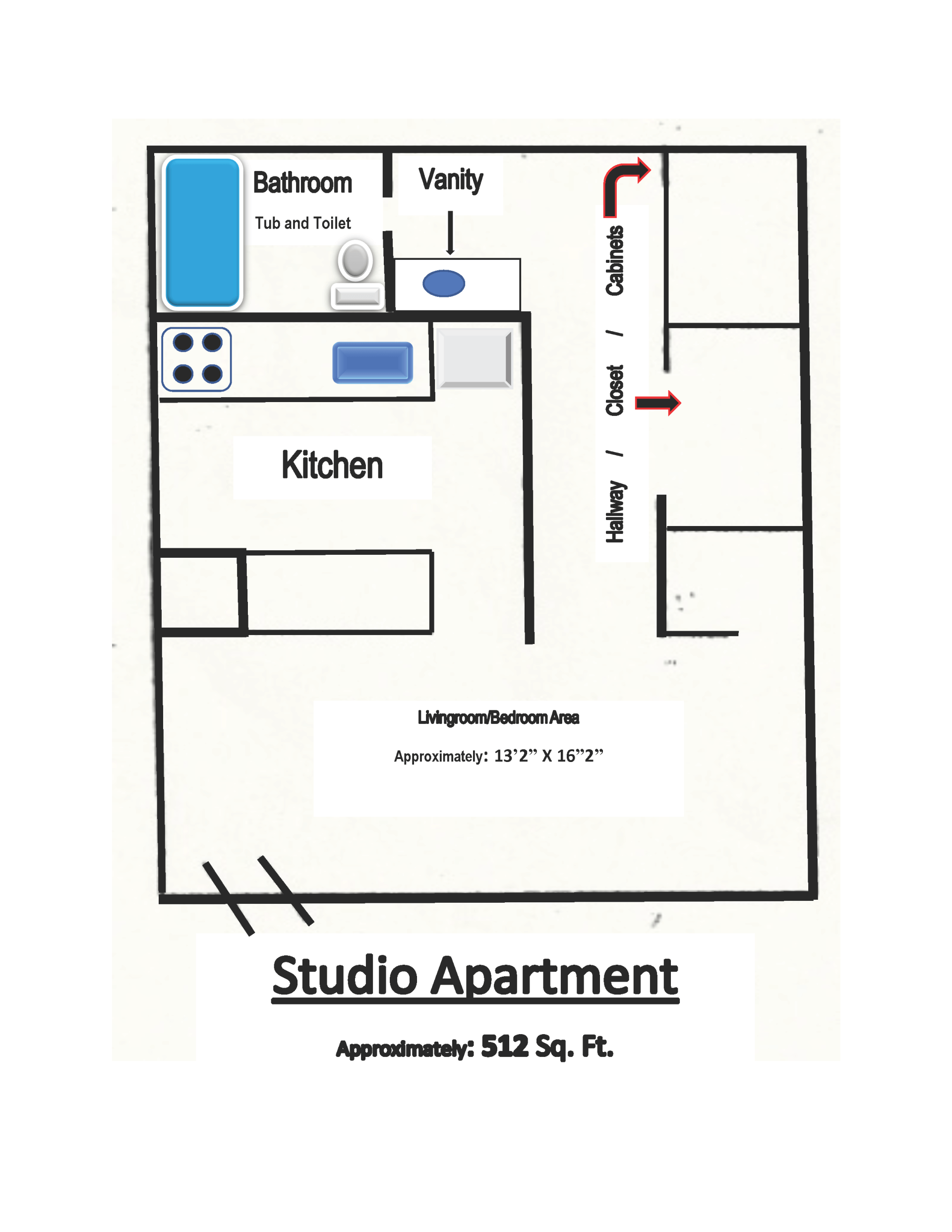 Parque Plaza Apartments approximate floor plan - Studio Apartment 512 square feet