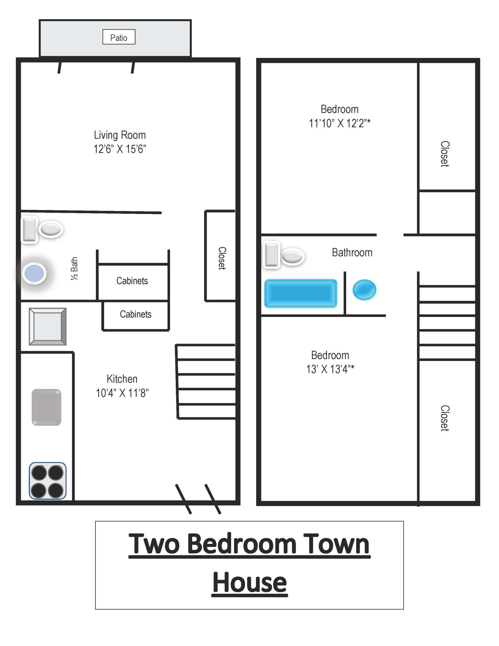 Parque Plaza Apartments approximate floor plan - Two Bedroom Townhouse 960 square feet