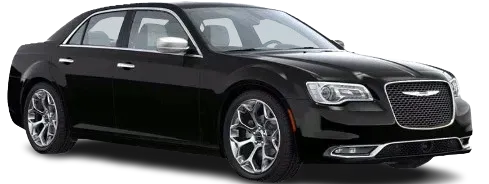 Black luxury sedan with chrome accents, shown in side front view on a white background