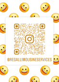 Instagram QR code on white background with gold smiley faces and @REGALLIMOUSINESERVICES handle
