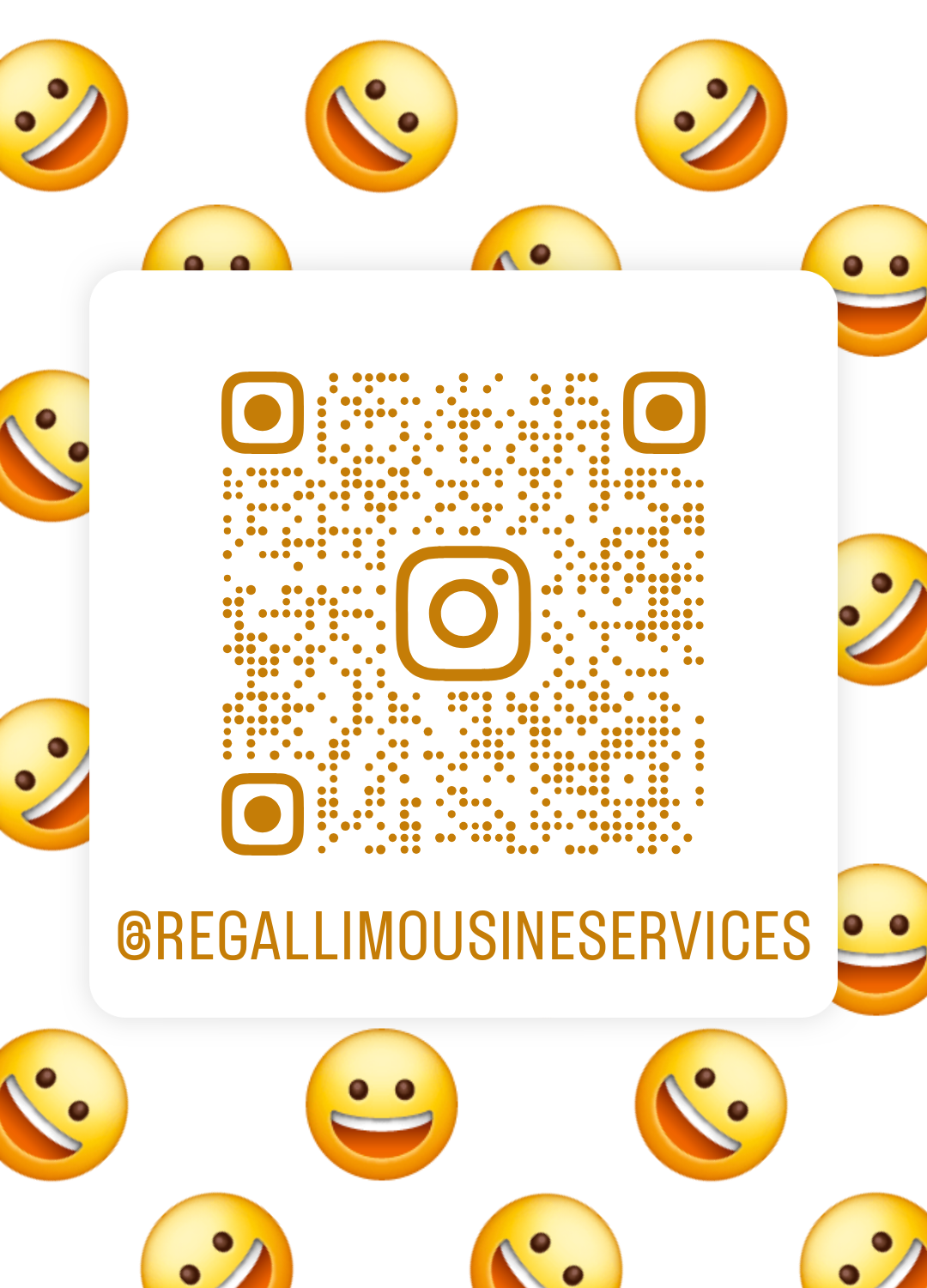 Instagram QR code on white background with gold smiley faces and @REGALLIMOUSINESERVICES handle