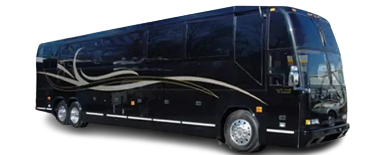 Black luxury coach bus with silver swirls, side view on white background
