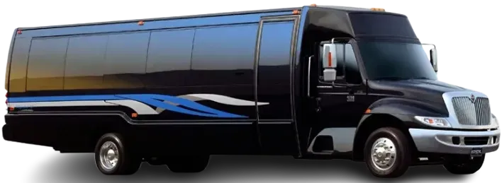 Black and silver shuttle bus with blue wave decals, side view on white background