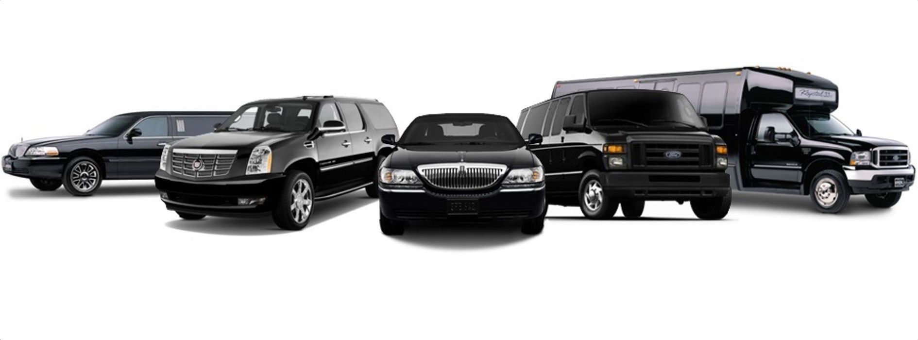Row of black SUVs and cars on a white background, arranged in a lineup.