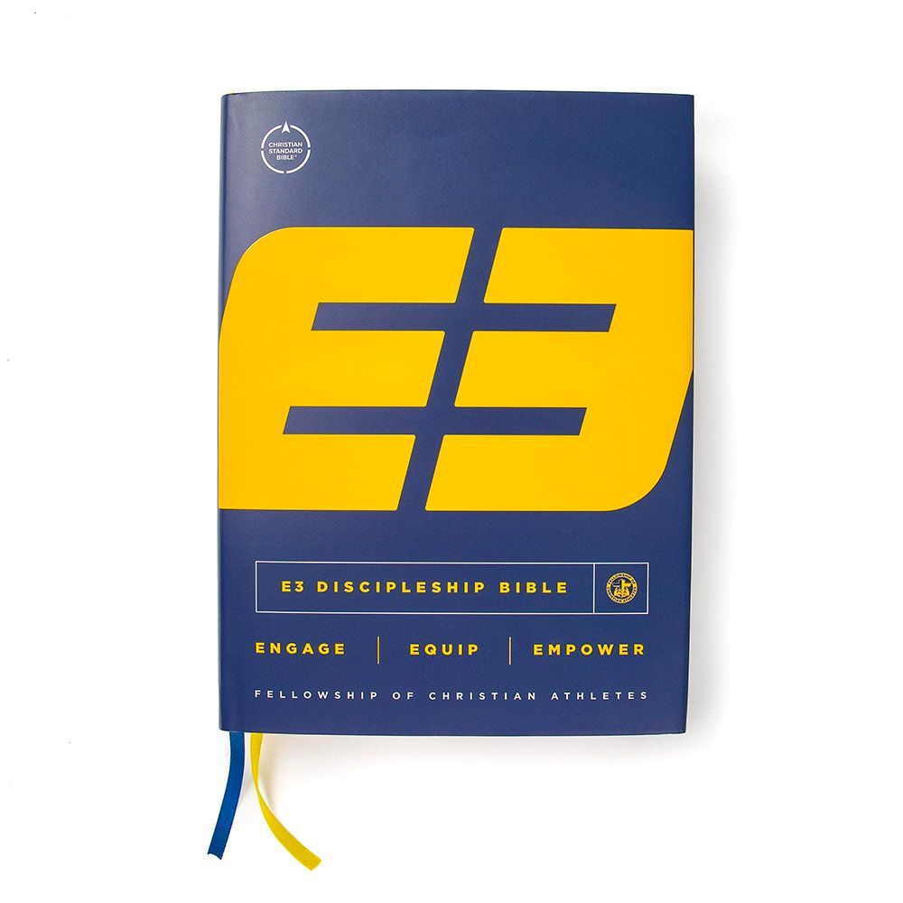 Sample images of the outside and inside of FCA's paperback E3 Discipleship Bible for athletes