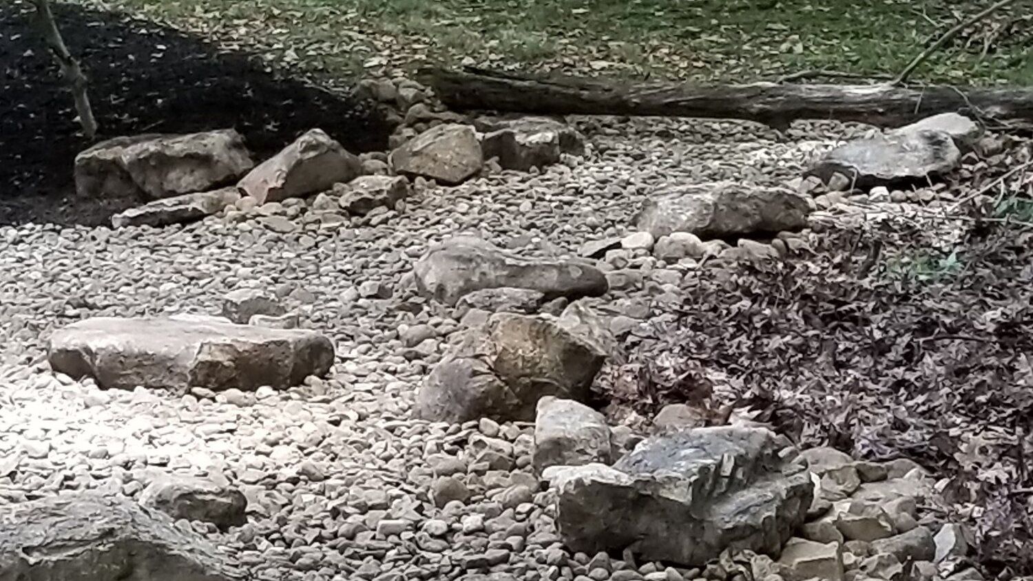 A black and white photo of a pile of rocks on the ground.