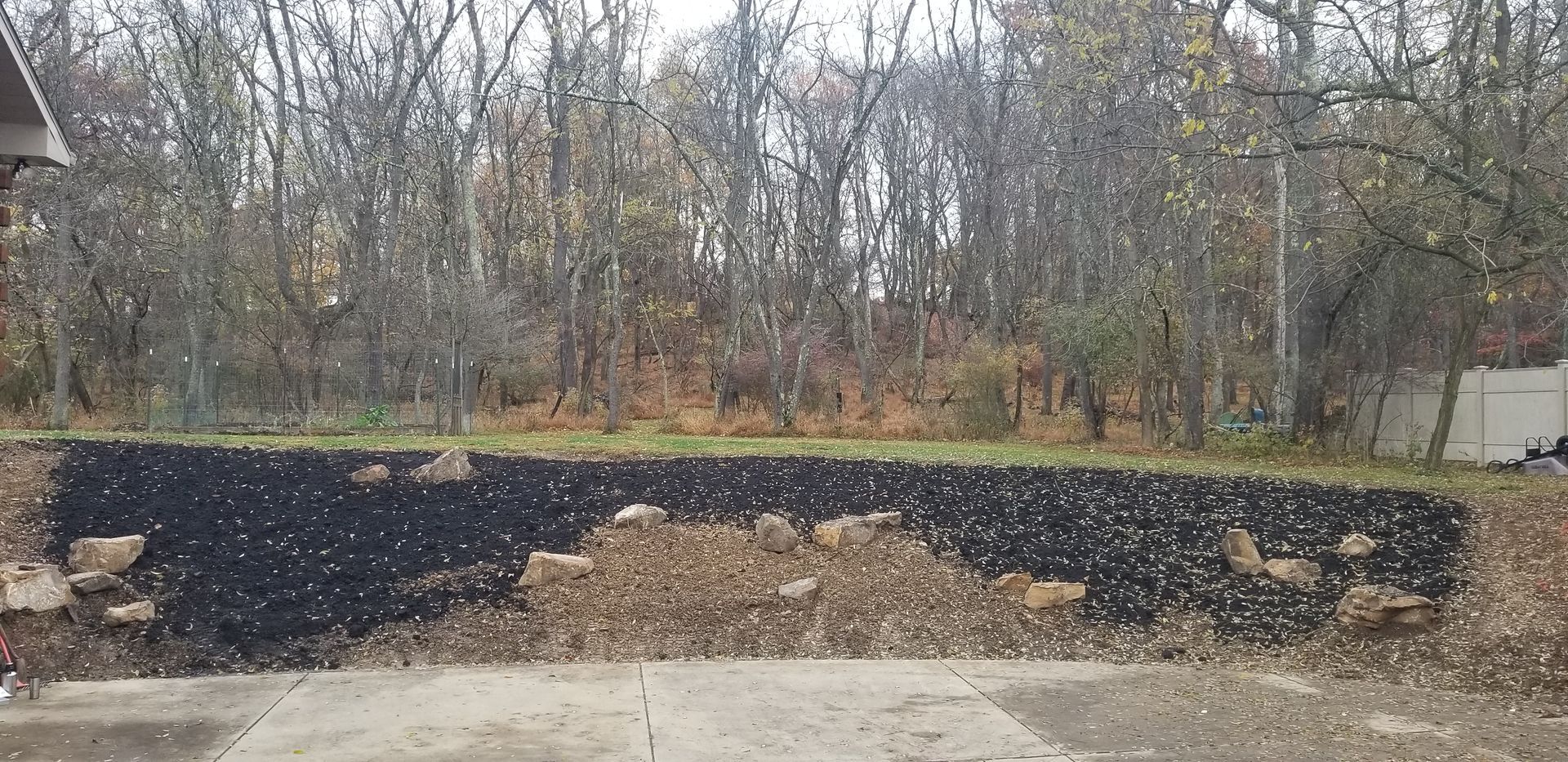 A pile of leaves is sitting on the ground in front of a forest.