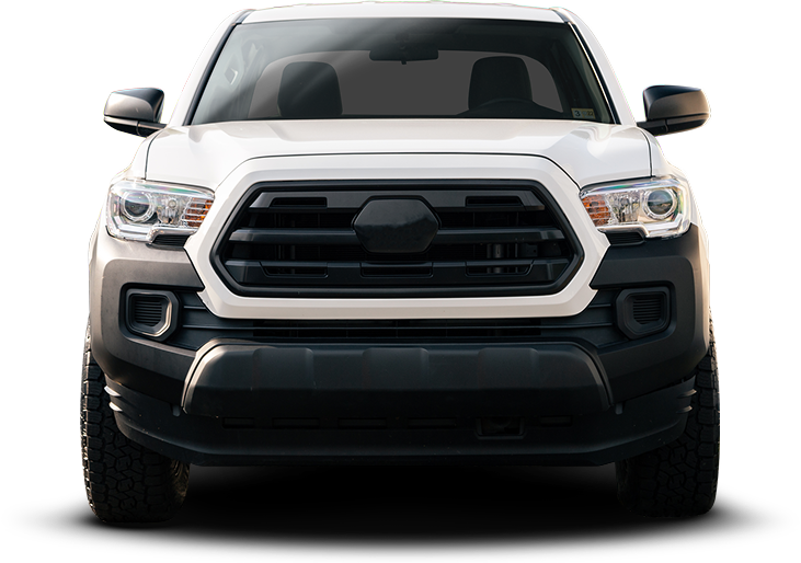 White Toyota Tacoma truck, front view, black grill and bumper.