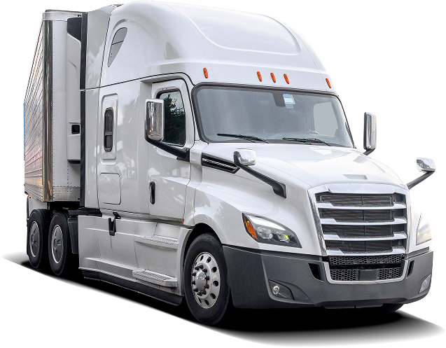 White semi-truck with attached trailer angled to the left, on a white background.