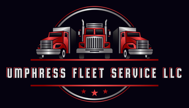Logo of Umphress Fleet Service LLC. Features three red semi-trucks on a dark background within a silver and red circle.