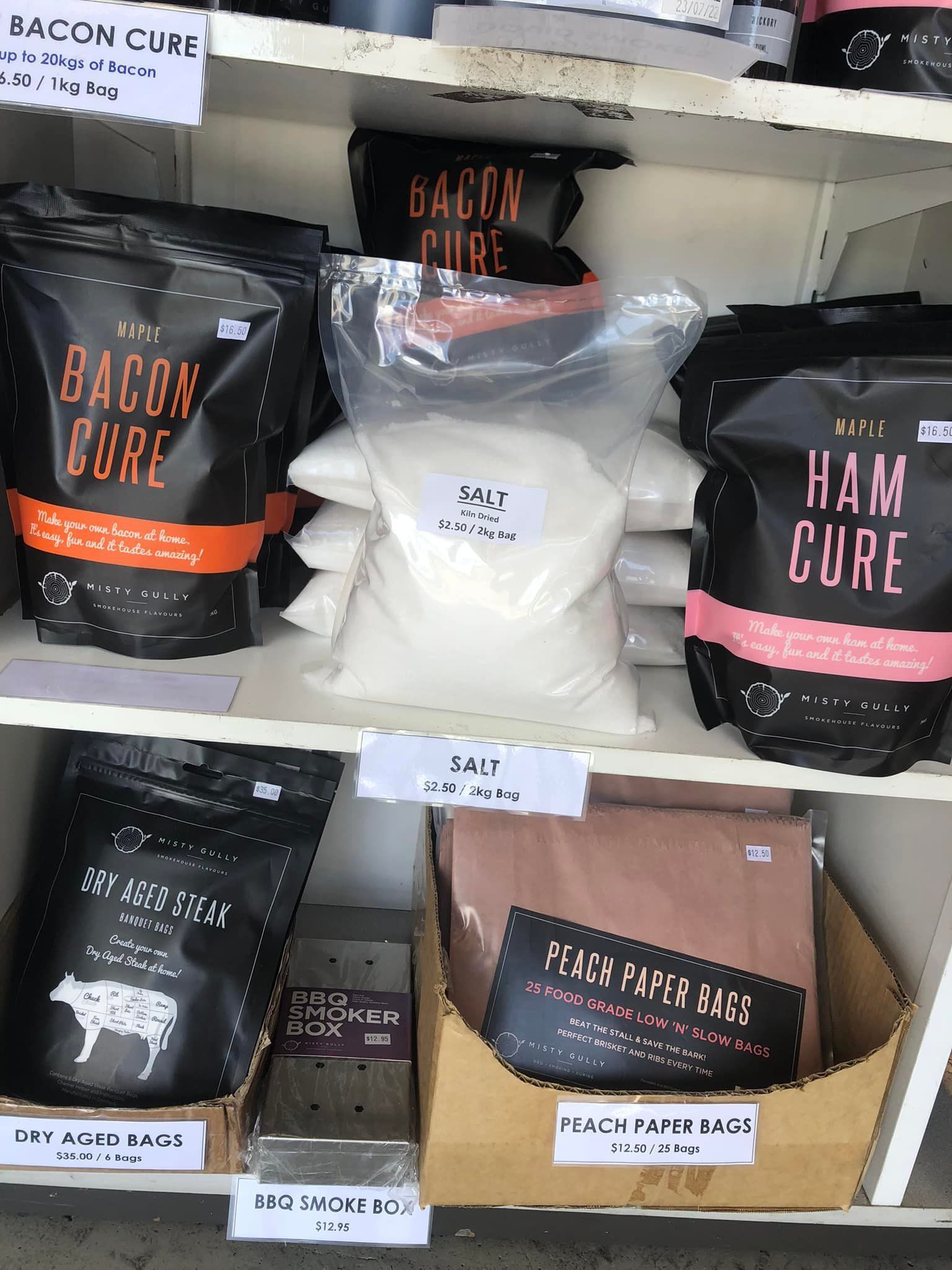 Stock of Packaged Bacon Cure, Ham Cure, and Other Meat Curing Supplies — CQ Butchers & Catering Supplies in Sarina, QLD