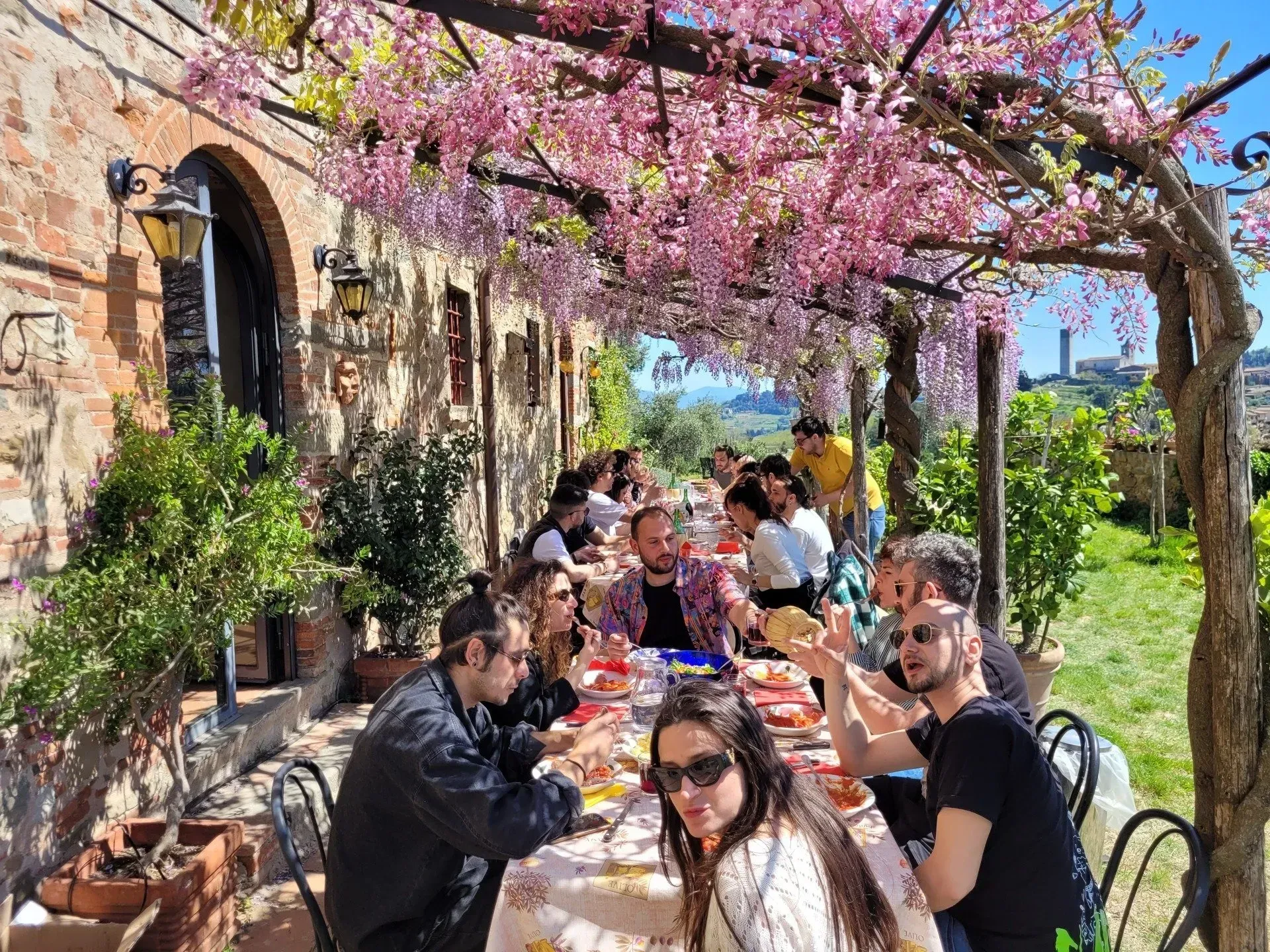 Almuerzos y cenas bajo una pérgola de glicinas en flor en una casa rural de Pistoia