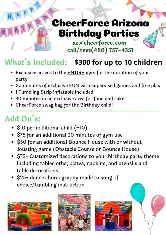 CheerForce Arizona birthday party flyer with pricing, services, and colorful cheer-themed photos