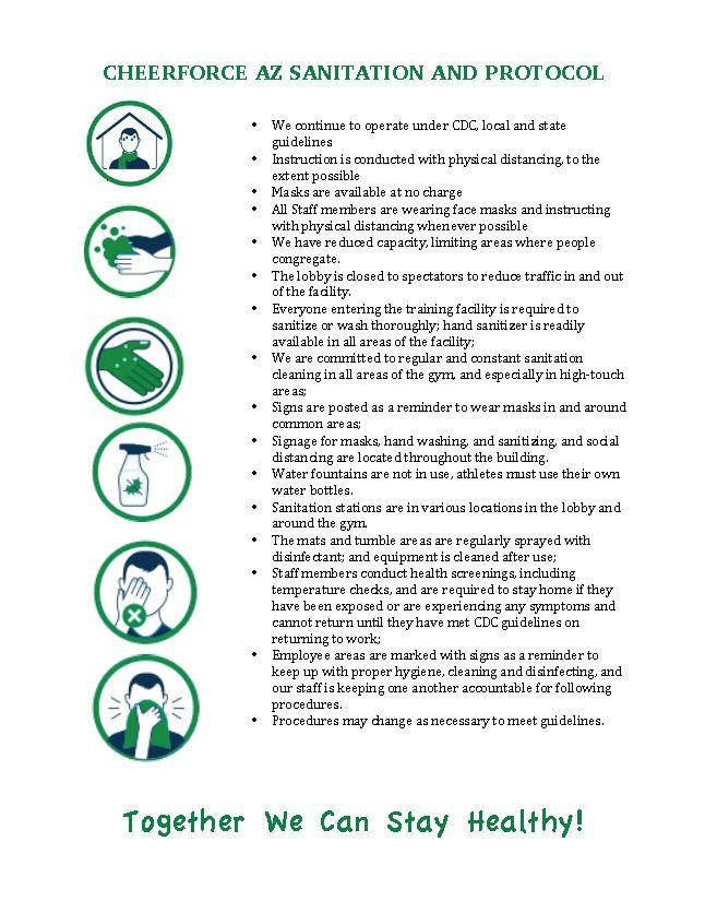 Cheerforce AZ sanitation poster with green icons and hygiene steps; “Together We Can Stay Healthy!”