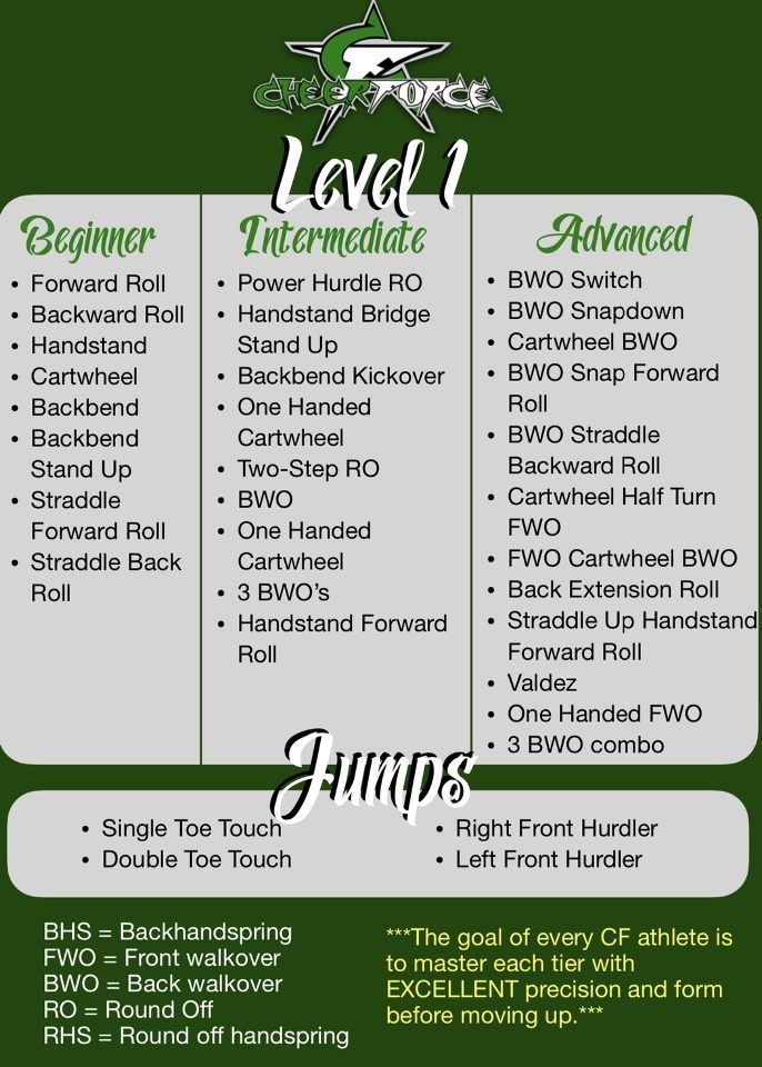 Infographic titled “Level 1: Beginner Intermediates” listing dance moves and jumps in green and black.