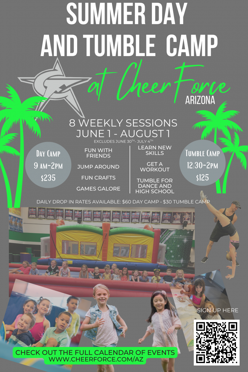 Flyer for Summer Day and Tumble Camp at Cheer Force Arizona, with dates, schedule, gym photos, and QR code