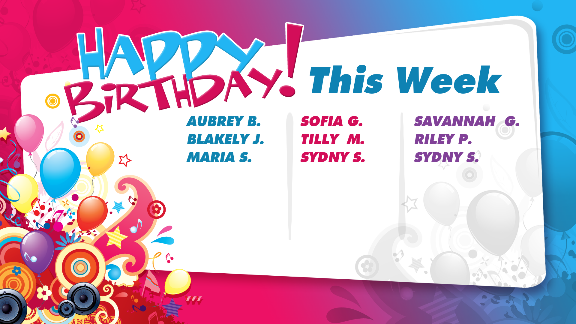 Birthday party invitation with colorful balloons, cake, and schedule details on a pink-blue background