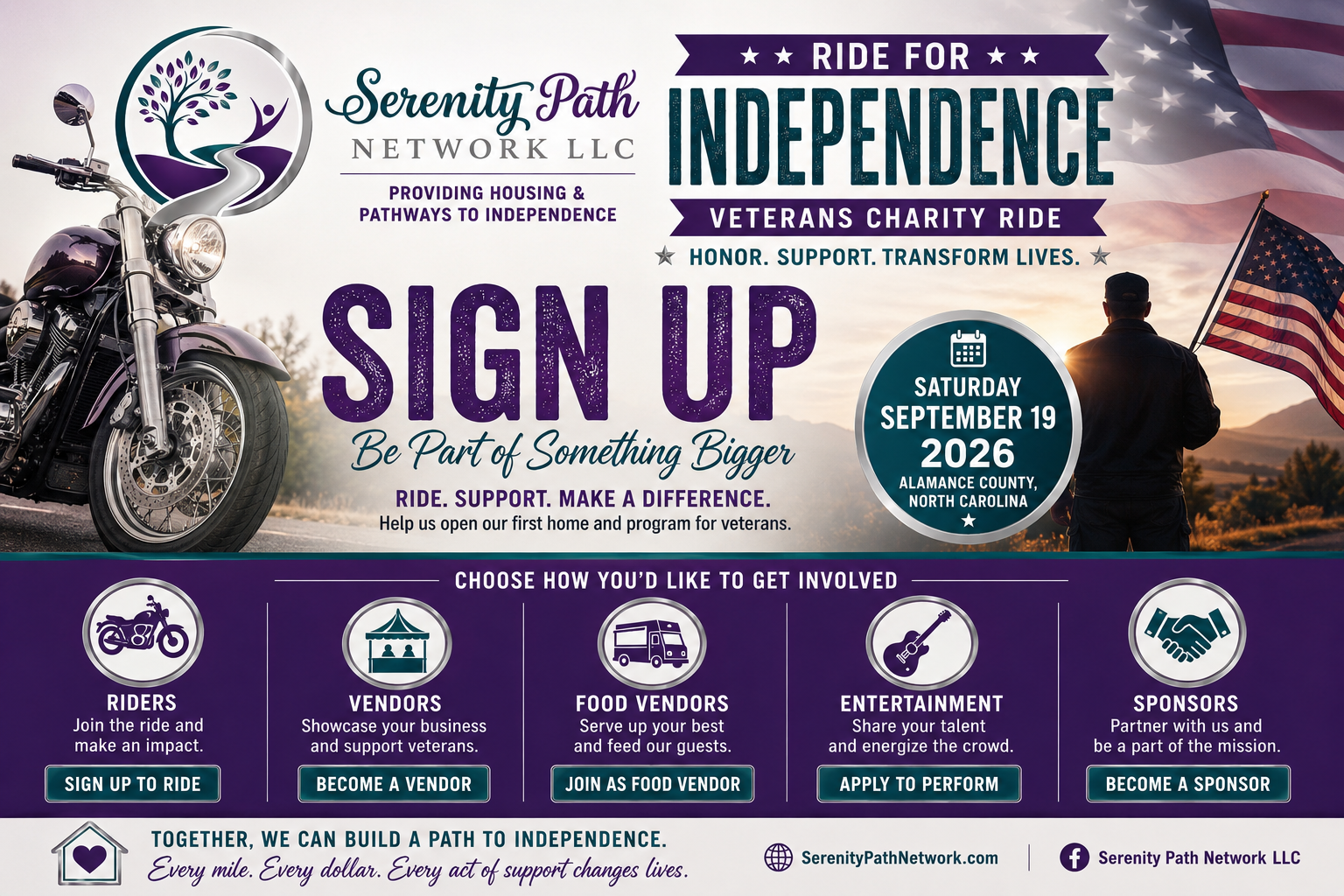 Join Serenity Path Network's first annual Ride to Independence on September 19, 2026. Support veterans in Alamance County through a charity motorcycle ride benefiting the Veterans Path to Independence Program.