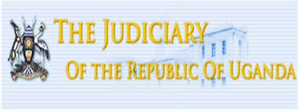 Logo for The Judiciary of the Republic of Uganda, featuring a crest, text, and a courthouse illustration.