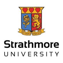 Strathmore University logo: shield with hearts, rose, lion, and motto