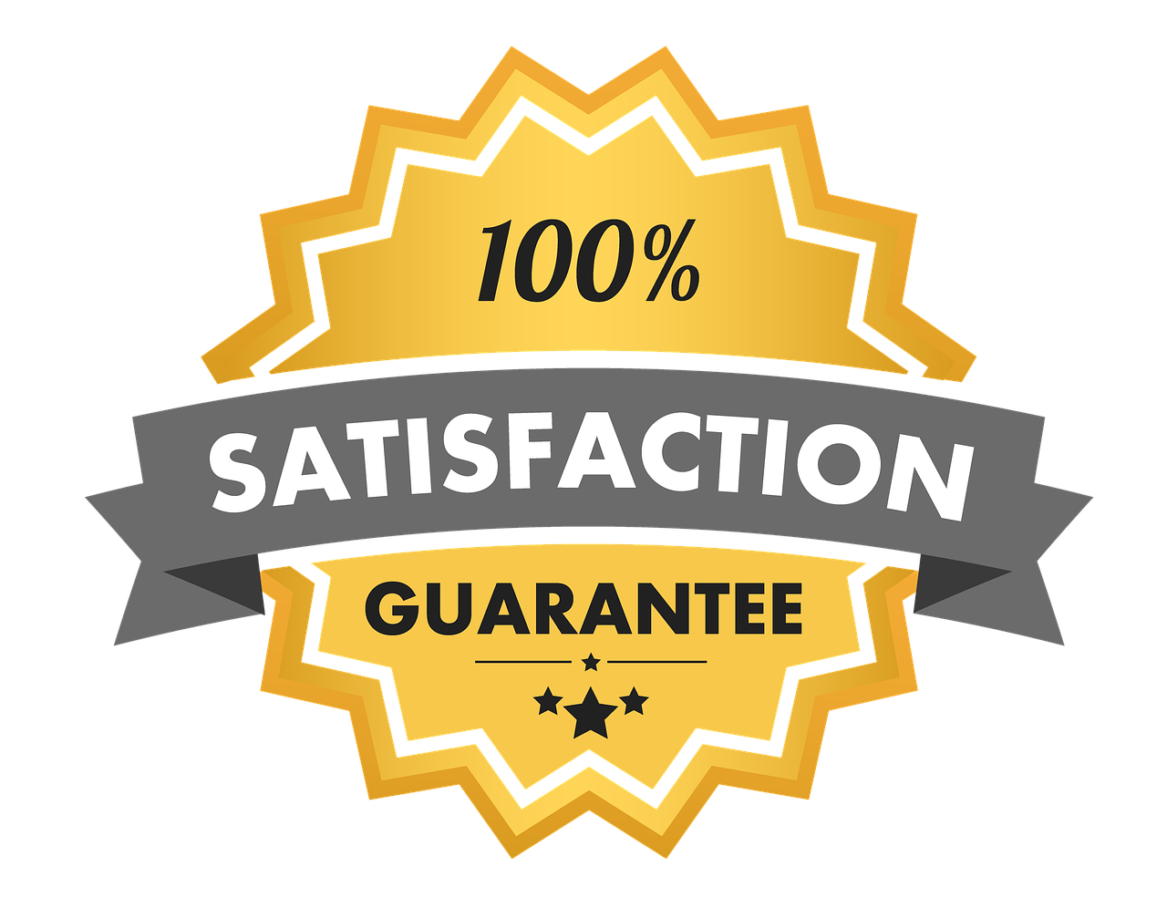 A 100 % satisfaction guarantee badge with a ribbon and stars.