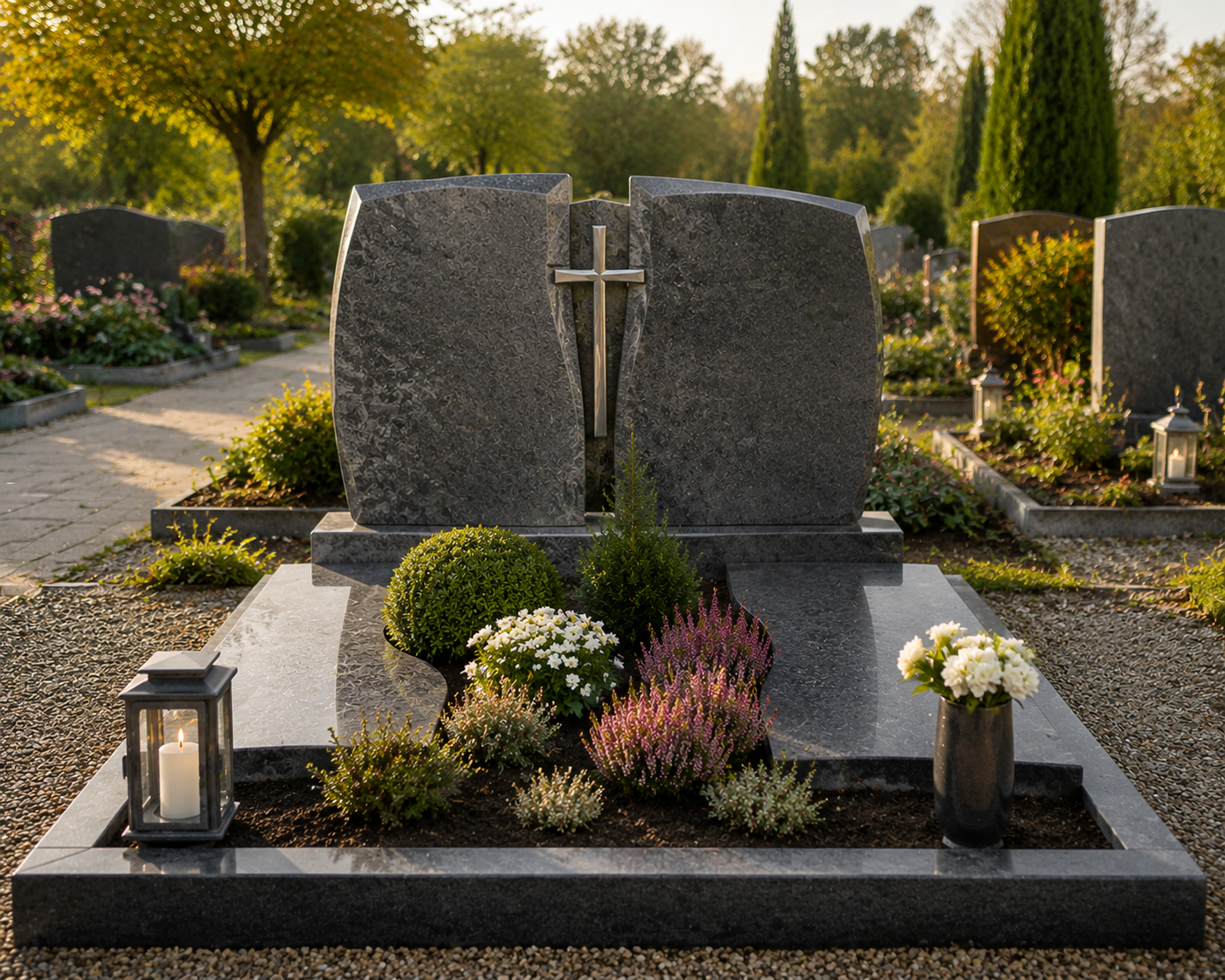 AI generiert: Moderner Grabstein mit Kreuz auf einem gepflegten Friedhof, flankiert von Laternen und weißen Blumen