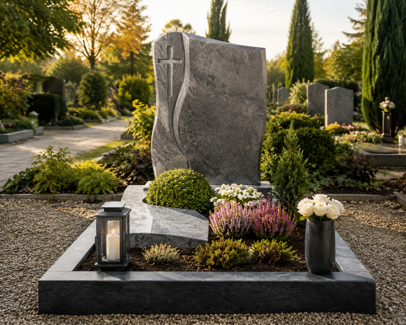 AI generiert: Grabstein auf einem gepflegten Friedhof mit Blumen und Laternen bei Sonnenuntergang