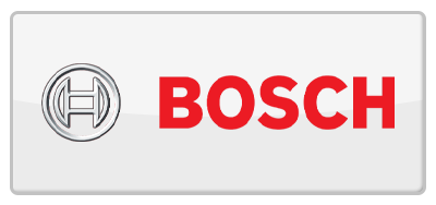 Bosch logo: Silver emblem and red text on a white rectangle.