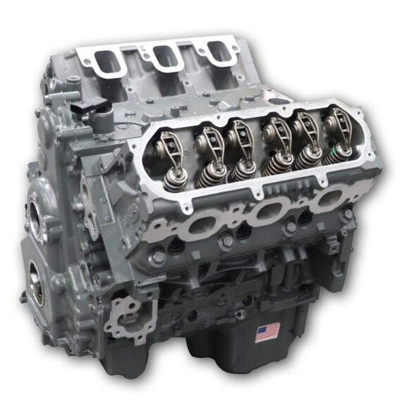 Gray V8 engine with open valve train, viewed from an angle.