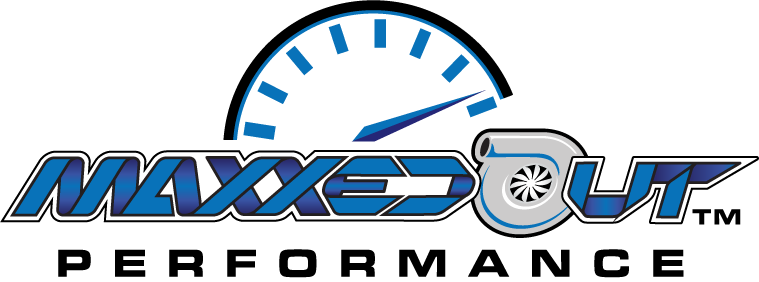 Logo for Maxxed Out Performance: a speedometer, stylized text, and a turbocharger in blue.