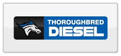 Logo of Thoroughbred Diesel with a horse graphic and blue text on a white background.