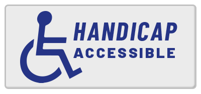Blue wheelchair symbol with the words "Handicap Accessible" on a white rectangle.