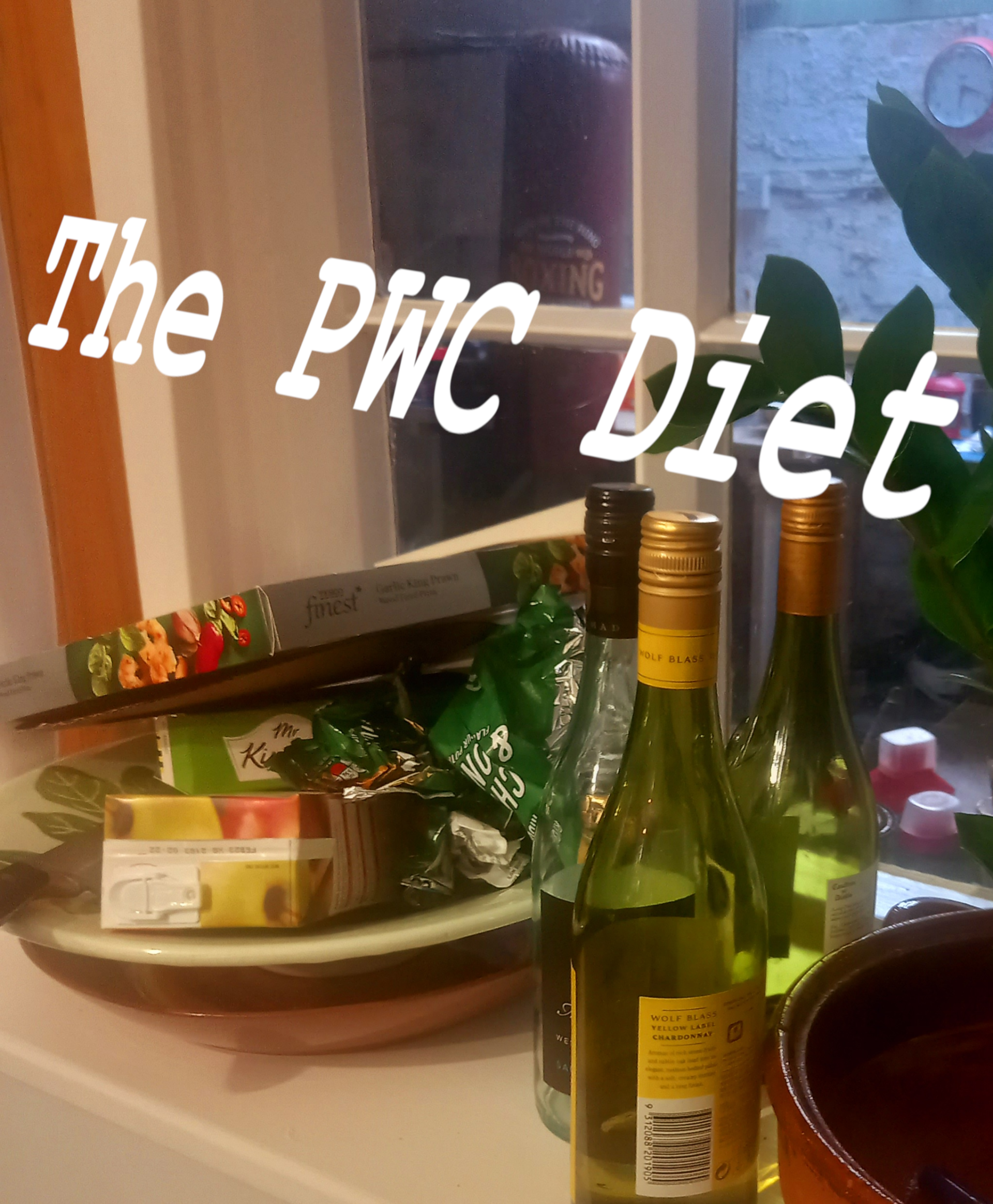 empty wine bottles and food wrappers.