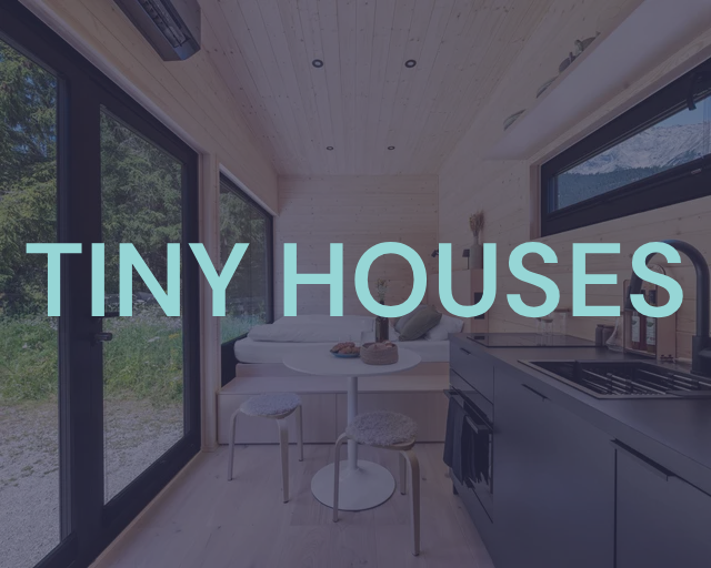 Modern tiny kitchen interior with large windows and the word “OUTDOOR” overlaid in teal
