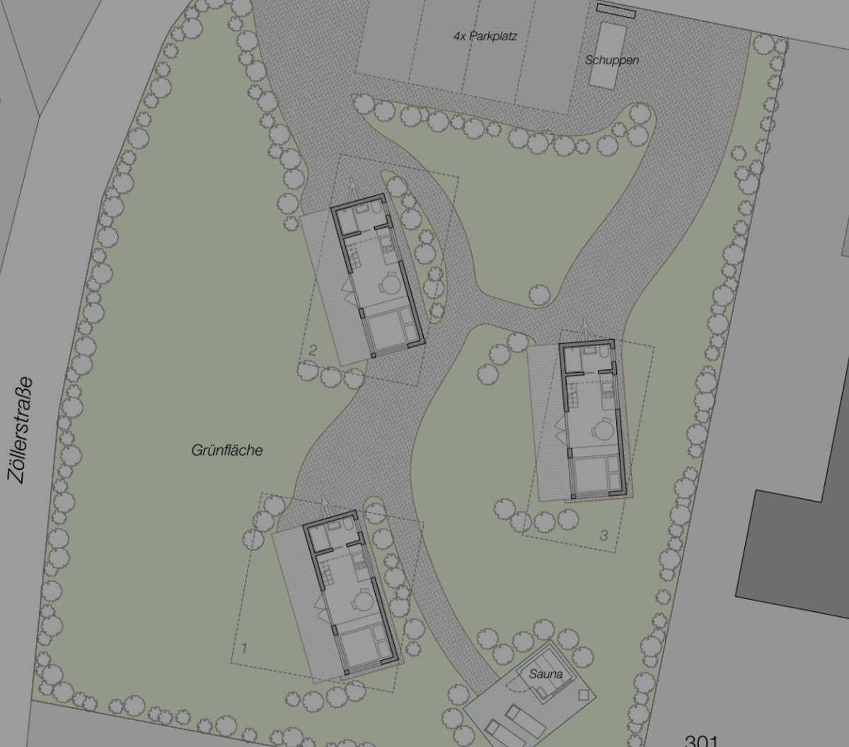 Gray site plan showing a landscaped area with paths, trees, and several small buildings.