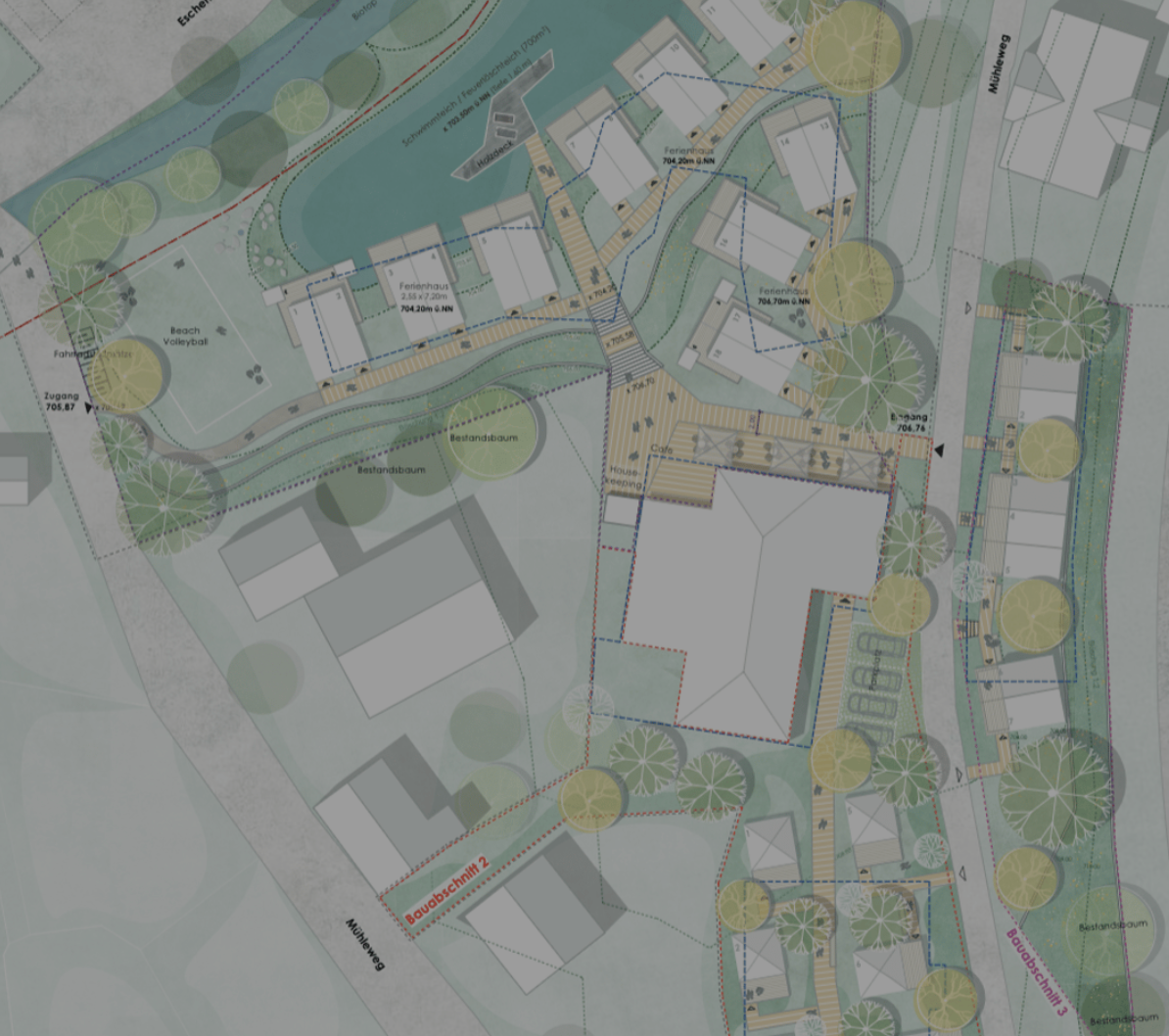 Color-coded site plan of a landscaped campus with buildings, paths, trees, and a water feature