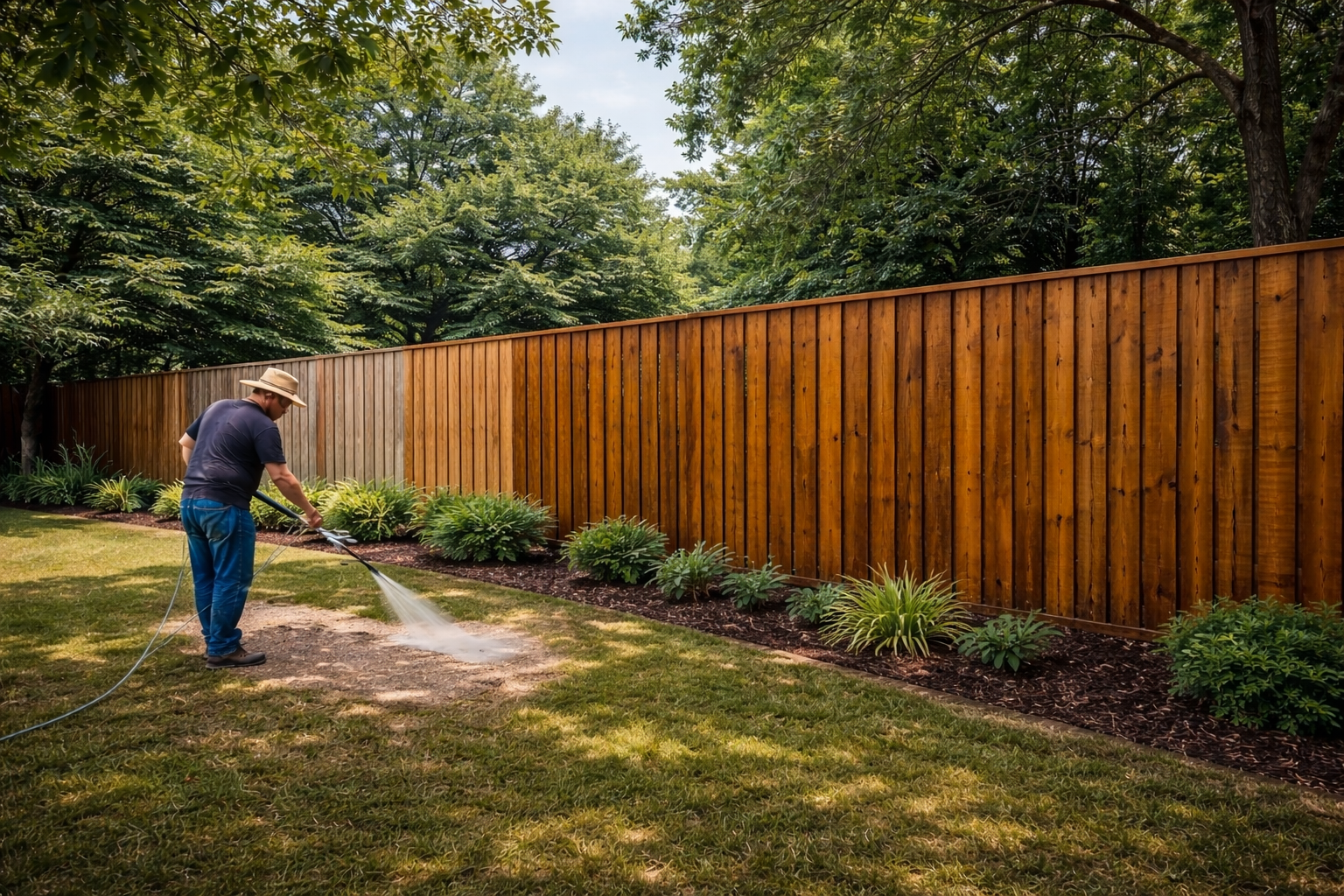 A man wearing a true grit fencing shirt is working on a gate