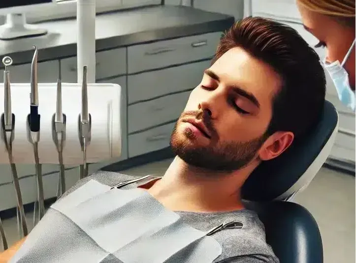 A man is laying in a dental chair with his eyes closed.