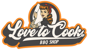 Love to Cooks BBQ Shop logo: Woman with knife, tattoos, holding knife in a circle, with text 