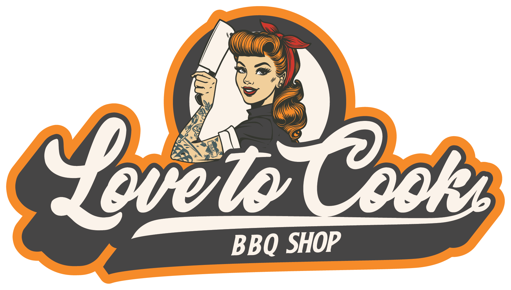 Love to Cooks BBQ Shop logo: Woman with knife, tattoos, holding knife in a circle, with text 