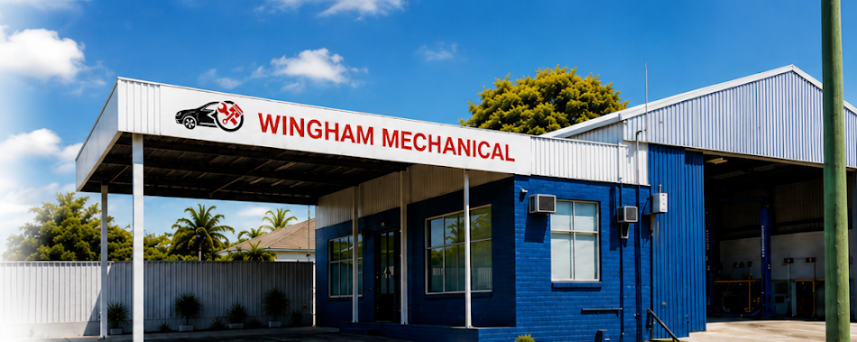 Wingham Mechanical Building With Blue Exterior, White Awning, and Red Sign Under a Sunny Sky — Wingham Mechanical in Wingham, NSW