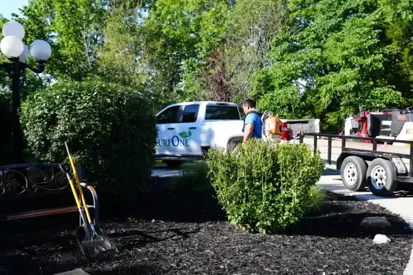 Yard cleanup with leaves, branches, and debris being cleared